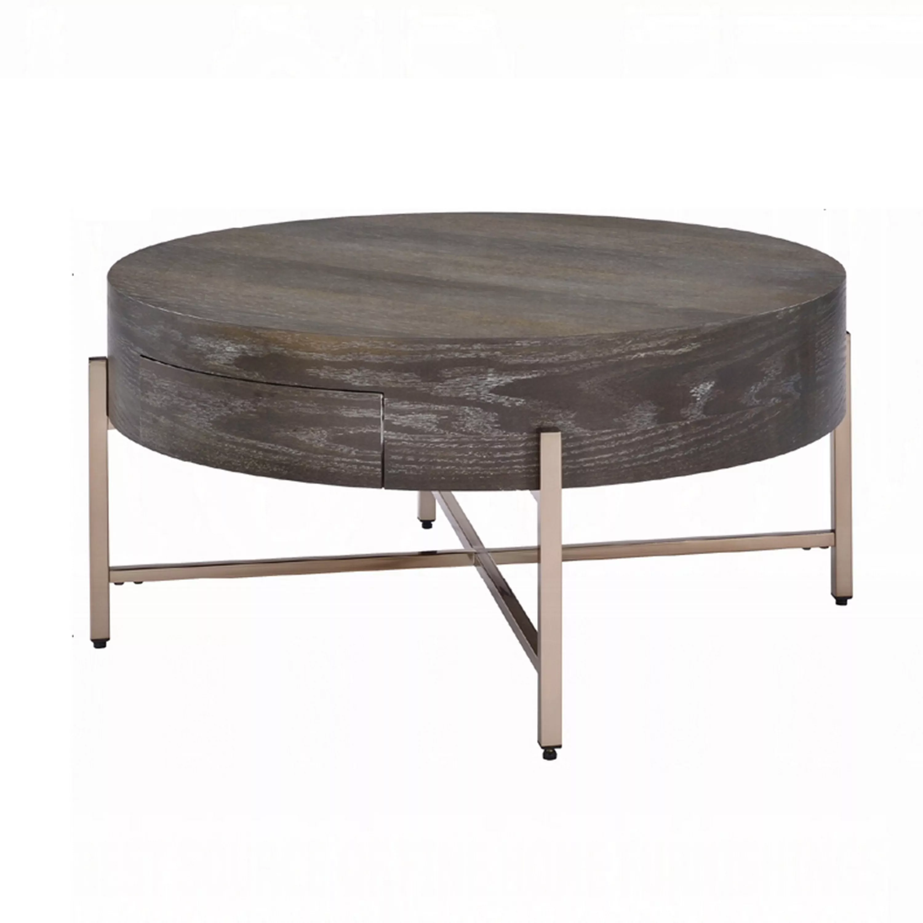 1 Drawer Round Modern Coffee Table with Crossed Metal Legs, Brown and Gold