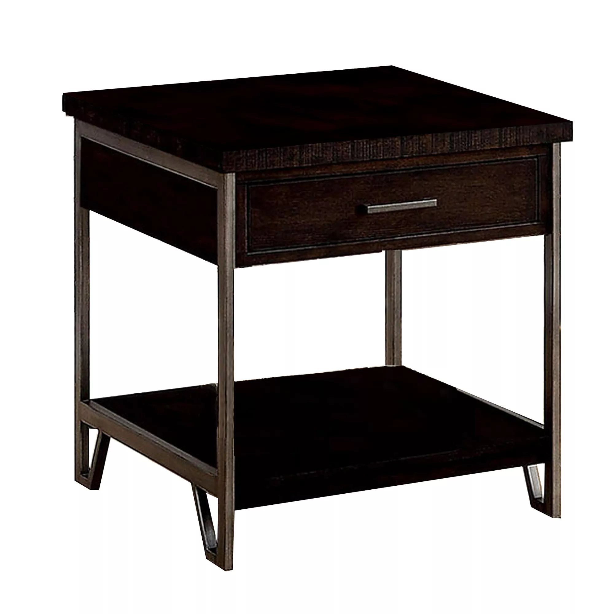 1 Drawer Wooden End Table with Metal Frame, Brown