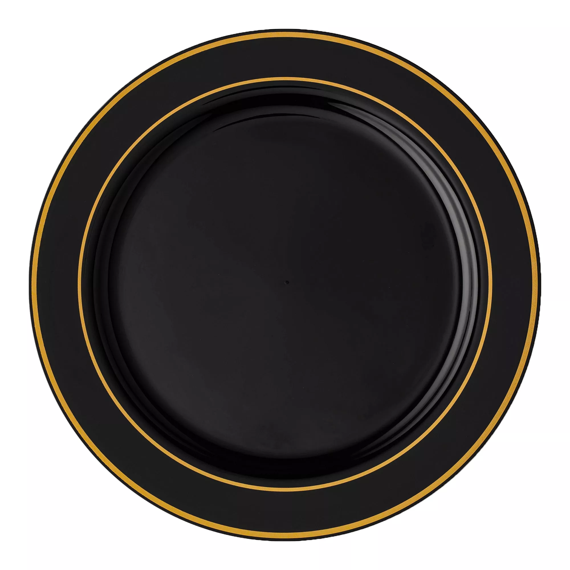 10.25" Black with Gold Edge Rim Plastic Dinner Plates (120 Plates)