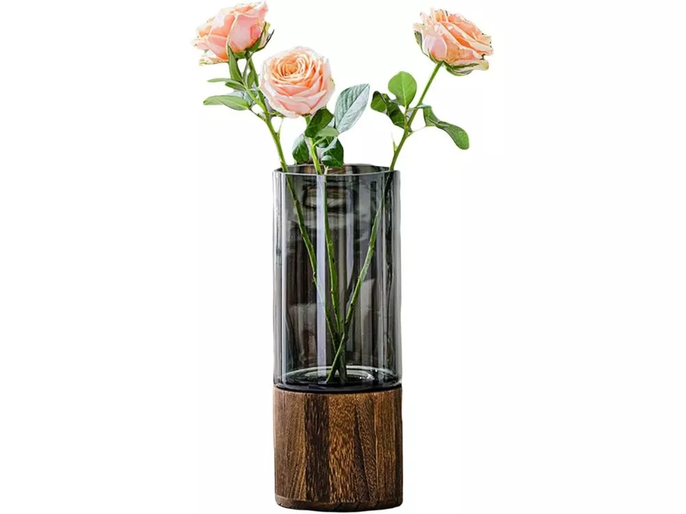 10" Artistic Wood & Glass Vase – Rustic Boho Cylindrical Centerpiece for Home & Office Décor