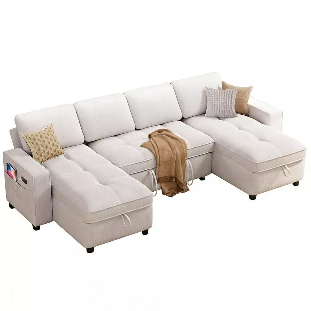 105" U-Shaped Sleeper Sofa Bed, Chenille Pull Out Couch with Reversible Storage Chaise, 5-Position
