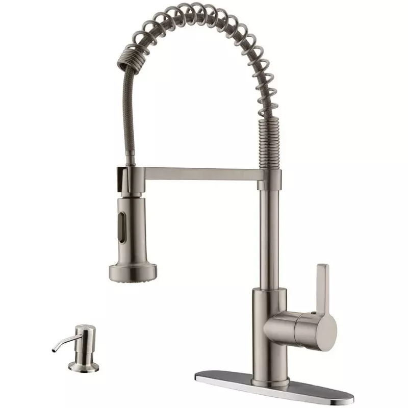 105BN Modern Spring Kitchen Faucet Brushed Nickel High Arc Single Handle with Soap Dispenser