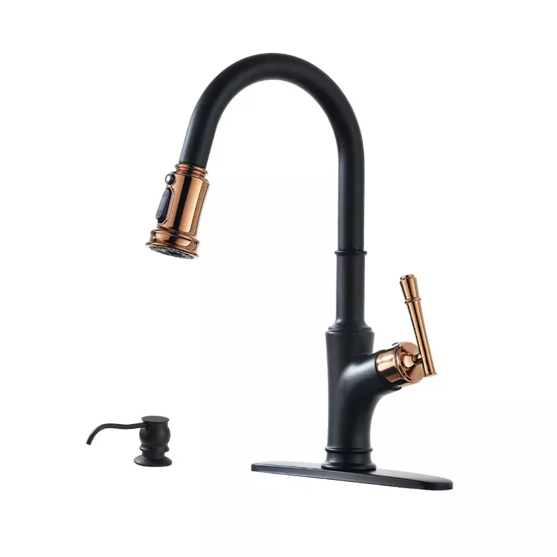 135BRG Pull Down Kitchen Faucet Matte Black Rose Gold with Sprayer and Soap Dispenser