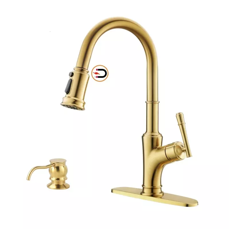 135BTG Pull Down Kitchen Faucet Copper Gold with Sprayer and Soap Dispenser