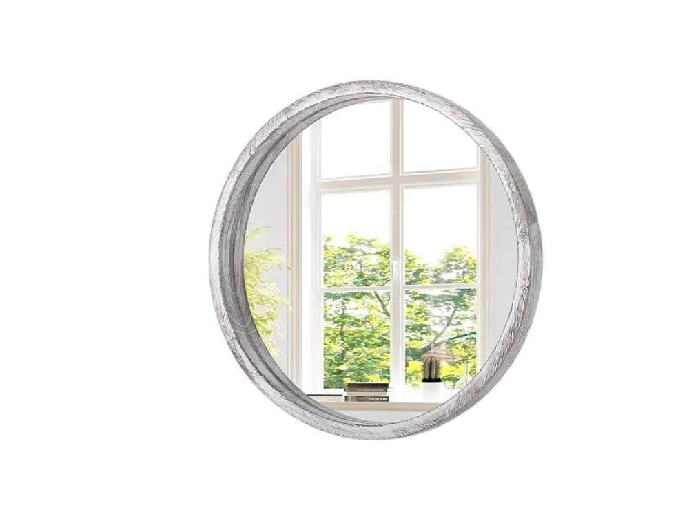 16" Round Rustic White Wall Mirror – Wood Frame