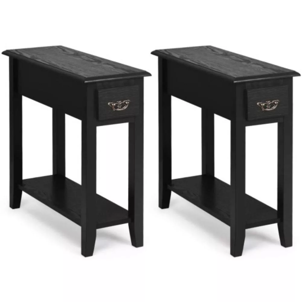 2 Pieces 2 Tier Sofa Side End Table with Drawer and Open Shelf