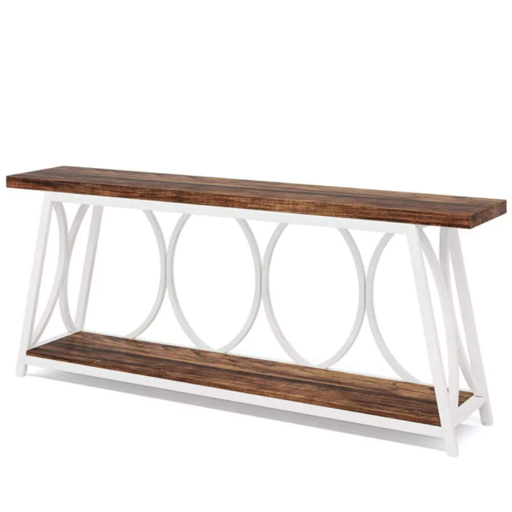 2-Tier Industrial Console Table, 70.9" Behind Couch with Shelves