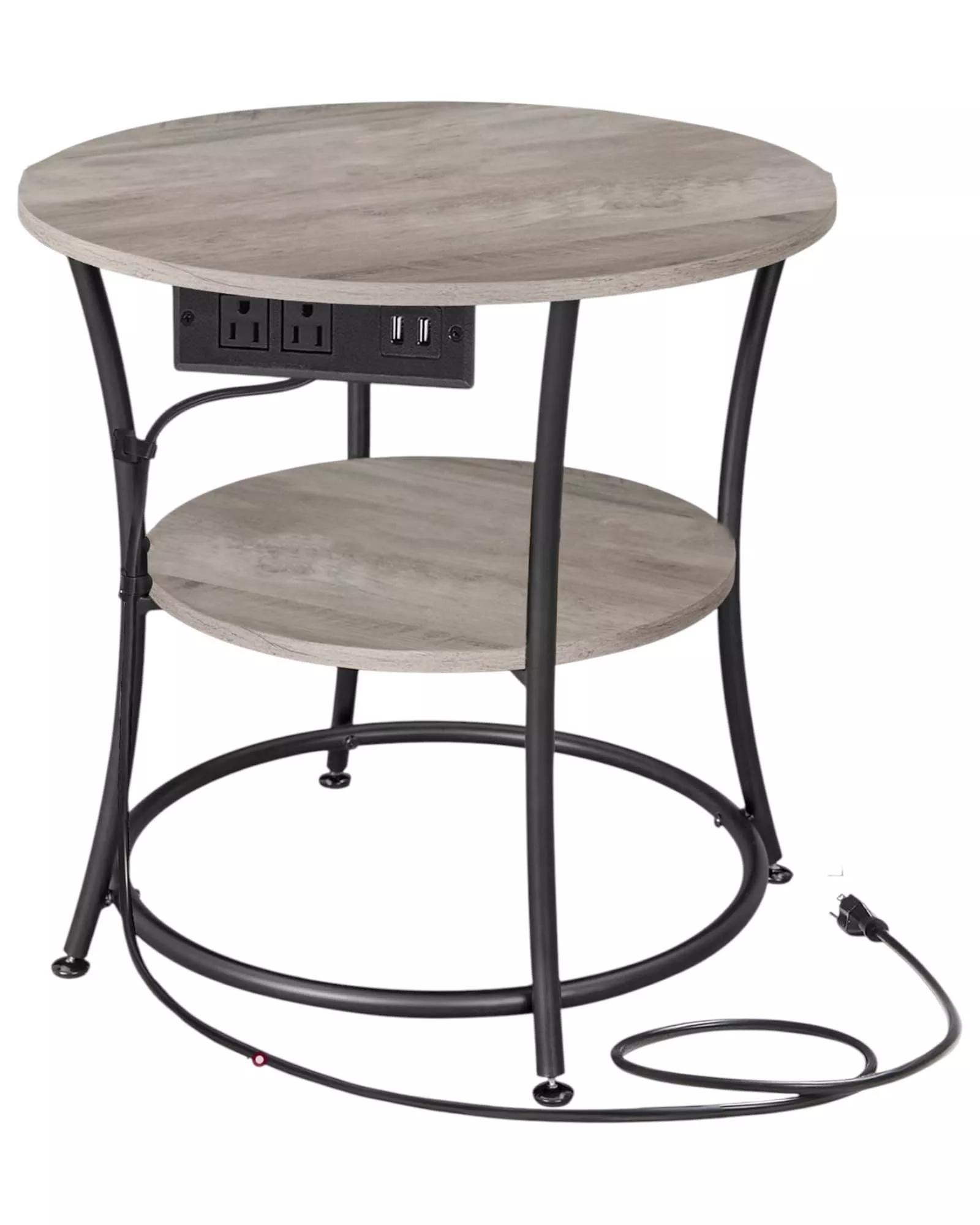 2 Tier Round Side Table with Power Outlets End Table Charging