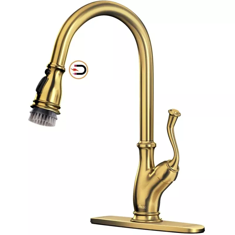225BTG Solid Brass Kitchen Faucet Gold High Arc with Sprayer and Brush