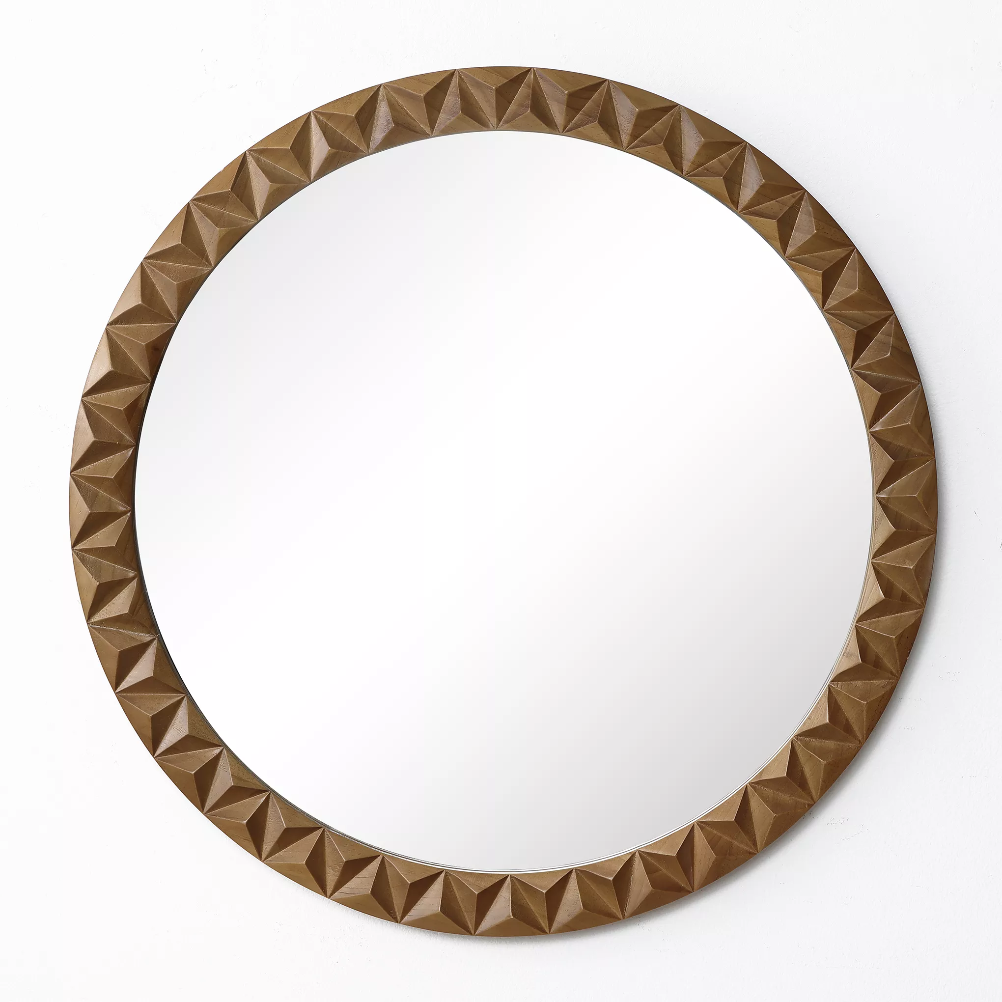 26" Geometric Carved Pine Wood Round Wall Mirror