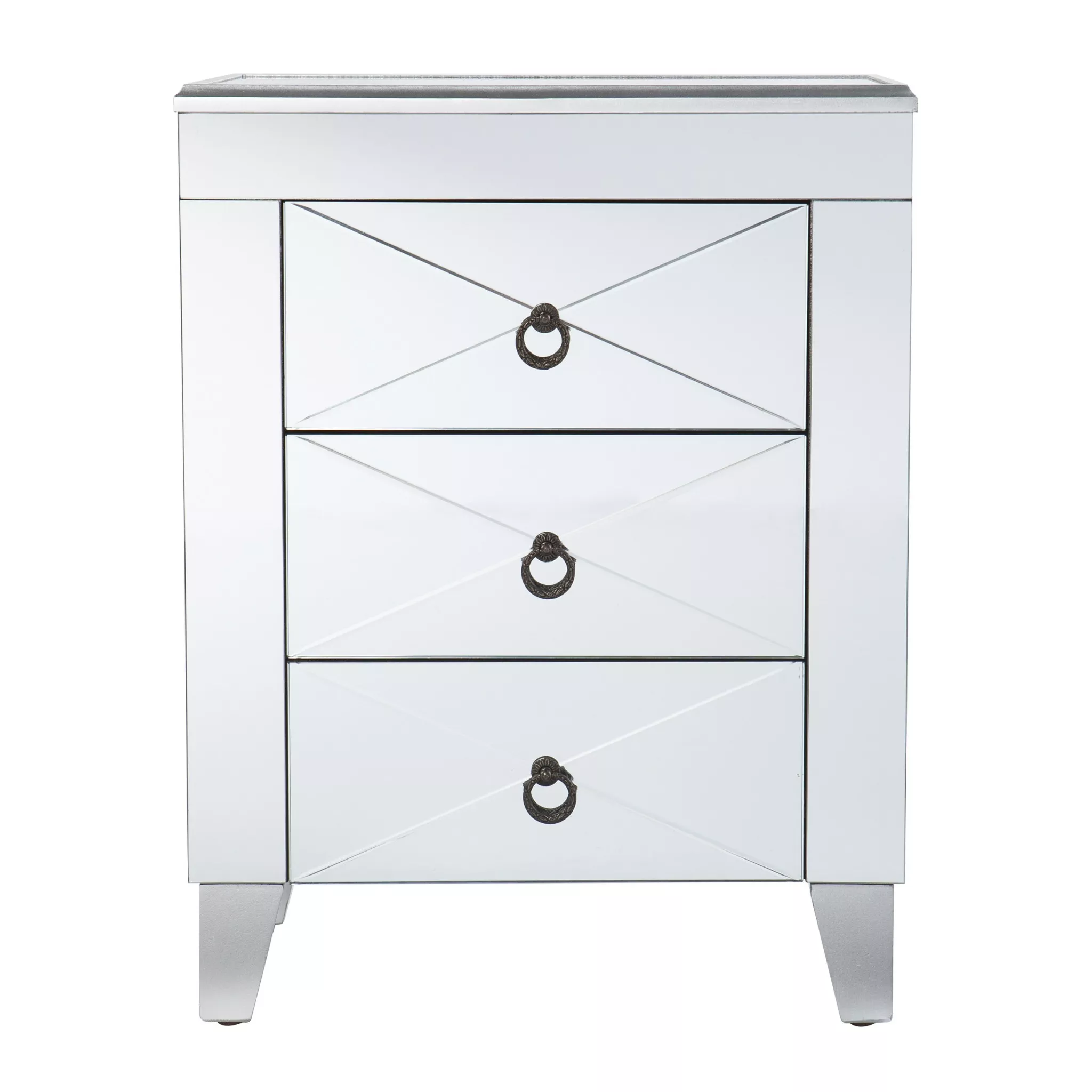 26"" Silver Manufactured Wood And Iron Rectangular Mirrored End Table With Three Drawers And