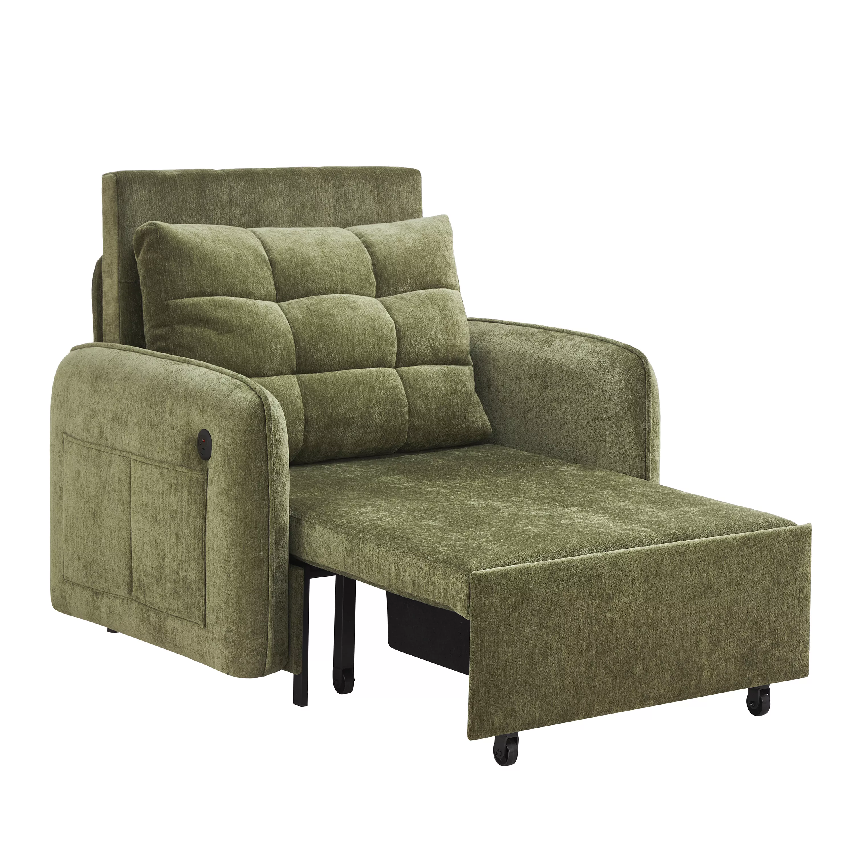 3-in-1 Sleeper Chair Chenille Sofa Bed, 80" Extra Long Pull Out Sleeping Lounge with USB Charging, Storage Pockets and Box