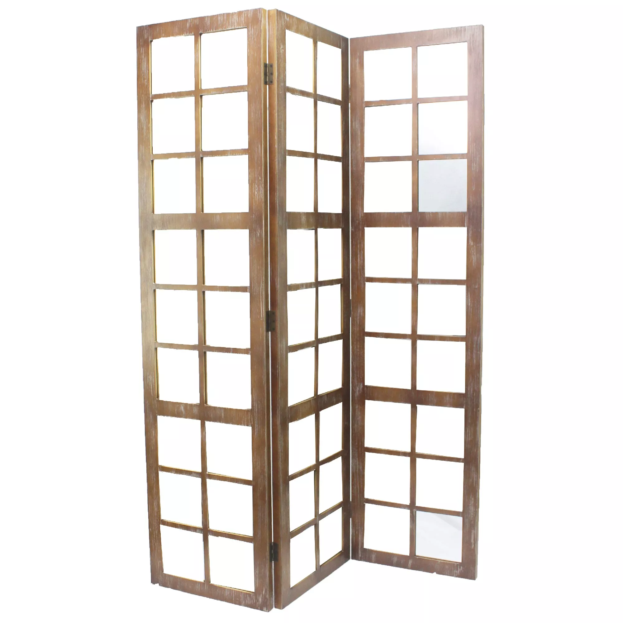 3 Panel Wooden Screen with Square Mirror Inserts, Brown and Silver