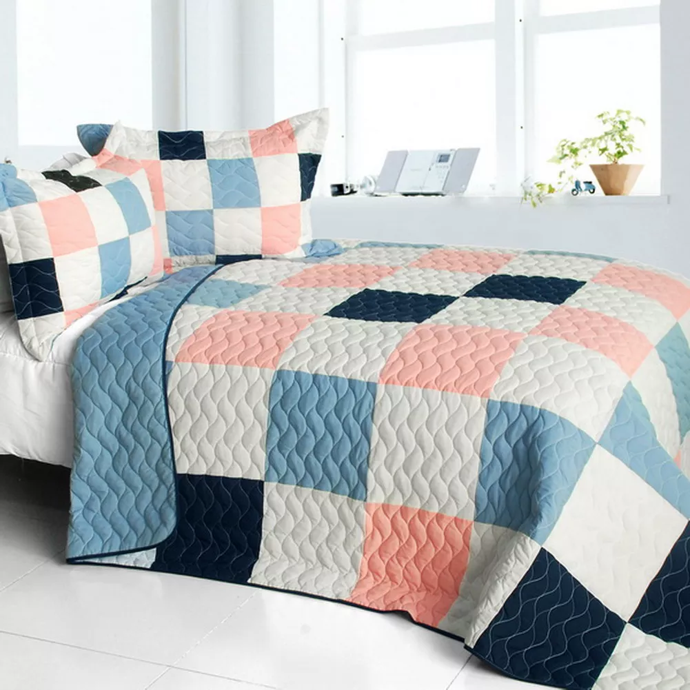 3 Piece Queen Patchwork Quilt Set with Hand-Stitched Design and Reversible Style-Pink
