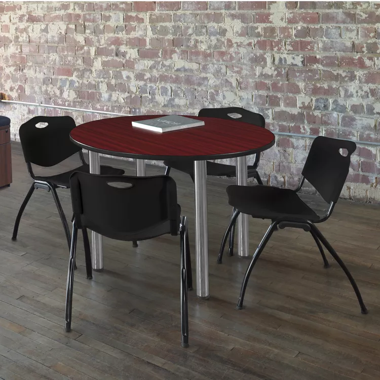 36 Round Mahogany Chrome Meeting Table Set with 4 Stack Chairs Black - Regency Seating