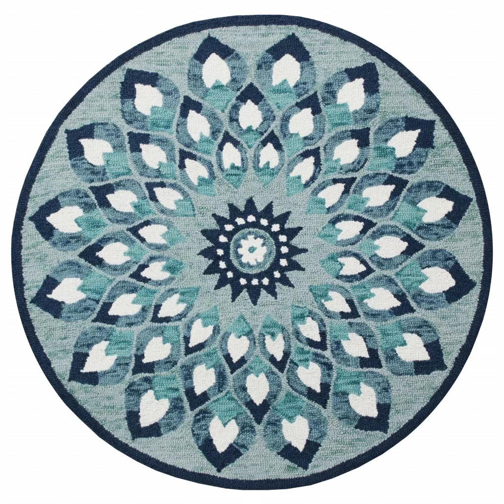 4 Round Blue and White Floral Feather Area Rug