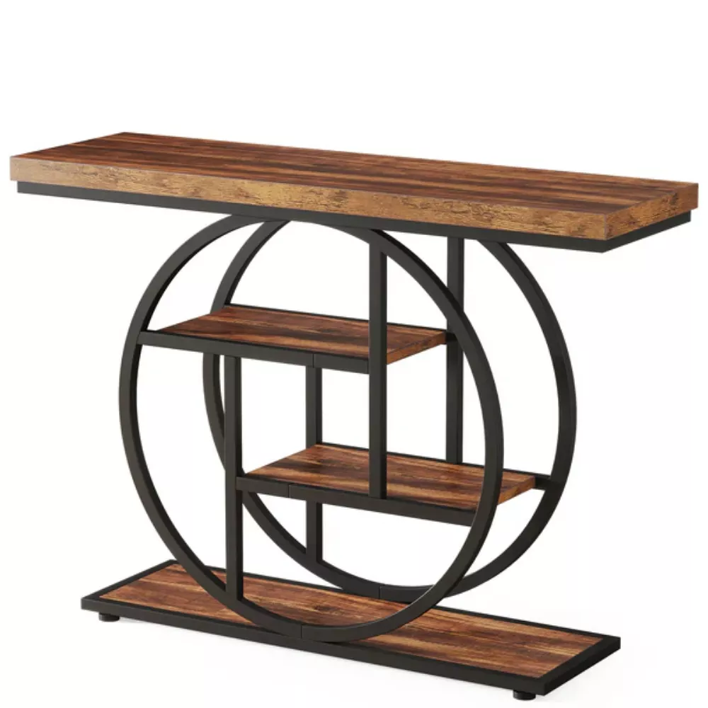 41.3 Inch Industrial Sofa Table, 4-Tier Entryway Console Table with Circle Base