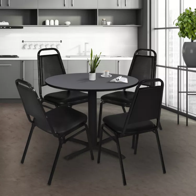 42 Round Breakroom Table & 4 Stack Chairs Set - Grey & Black Furniture - Regency Seating