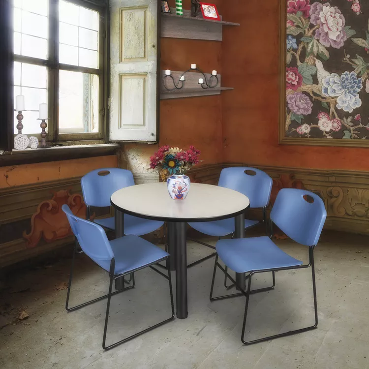 42 Round Conference Table Maple Black + 4 Stack Chair Blue - Regency Seating
