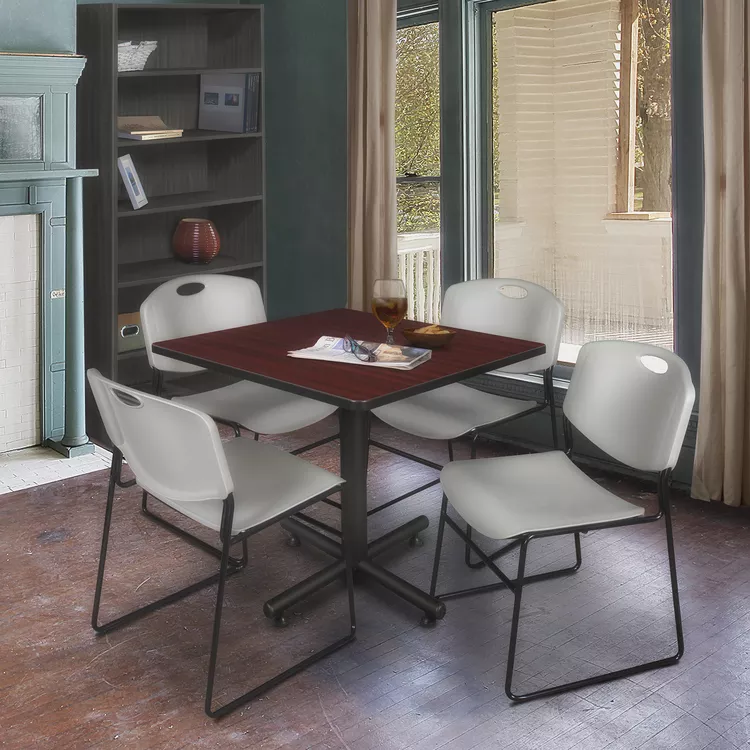 42 Square Mahogany Breakroom Table w/ 4 Grey Stackable Chairs - Regency Seating