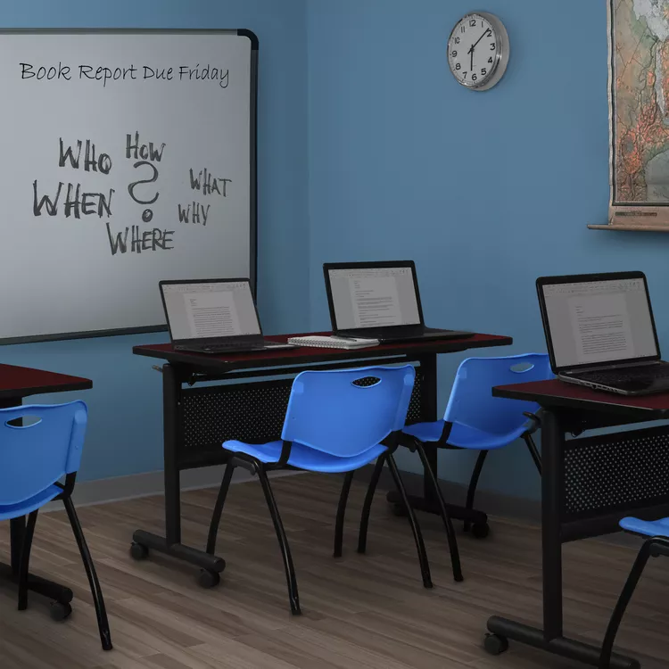 48 Flip Top Mobile Training Table Mahogany Modesty Panel & 2 Blue Stack Chairs - Regency Seating