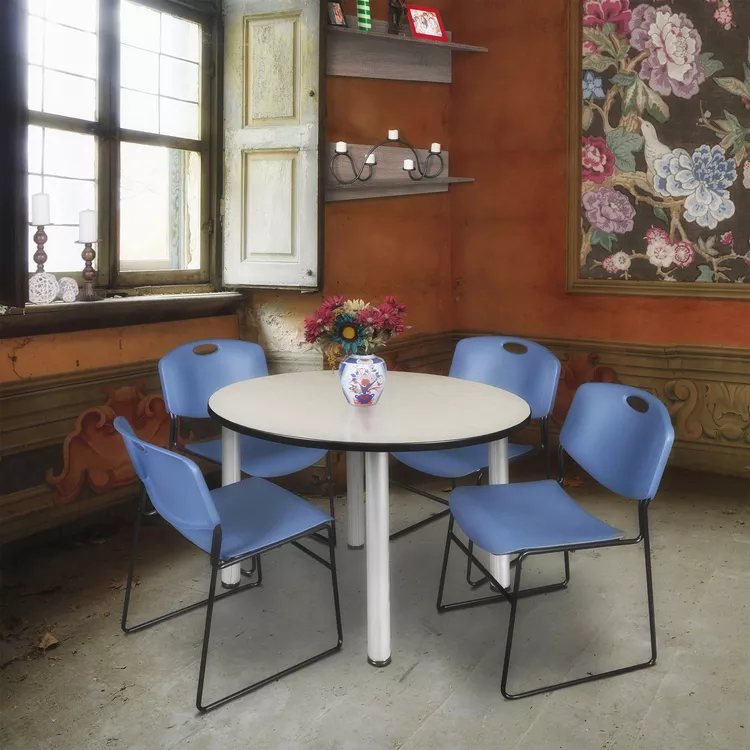 48 Round Breakroom Table & Blue Stack Chairs Set - Chrome and Maple Construction - Regency Seating
