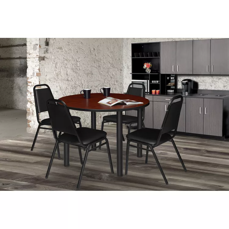 48 Round Breakroom Table Cherry Black & 4 Stack Restaurant Chairs Black - Regency Seating