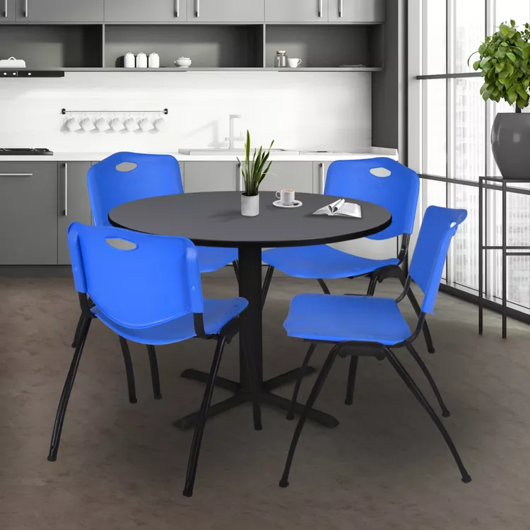 48 Round Conference Table with Grey Top and 4 Blue Stack Chairs - Regency Seating