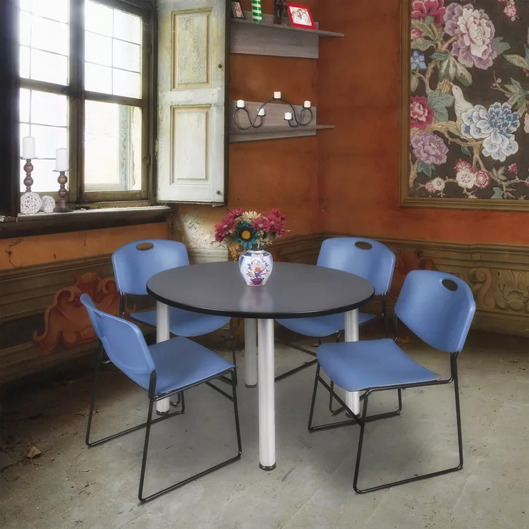 48 Round Office Table Grey Chrome & 4 Stackable Blue Chairs - Regency Seating