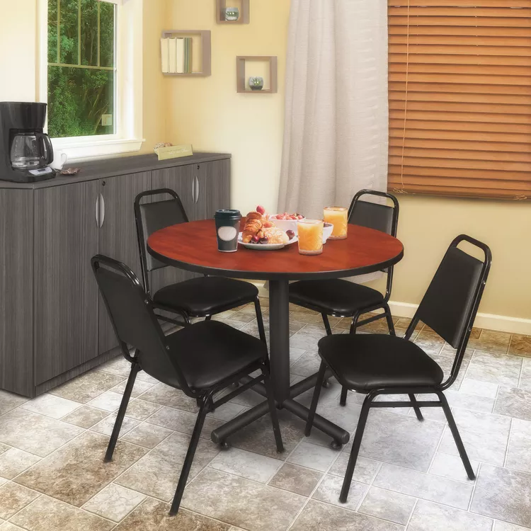 48 Round Restaurant Table and 4 Black Stack Chairs, Cherry Finish - Regency Seating