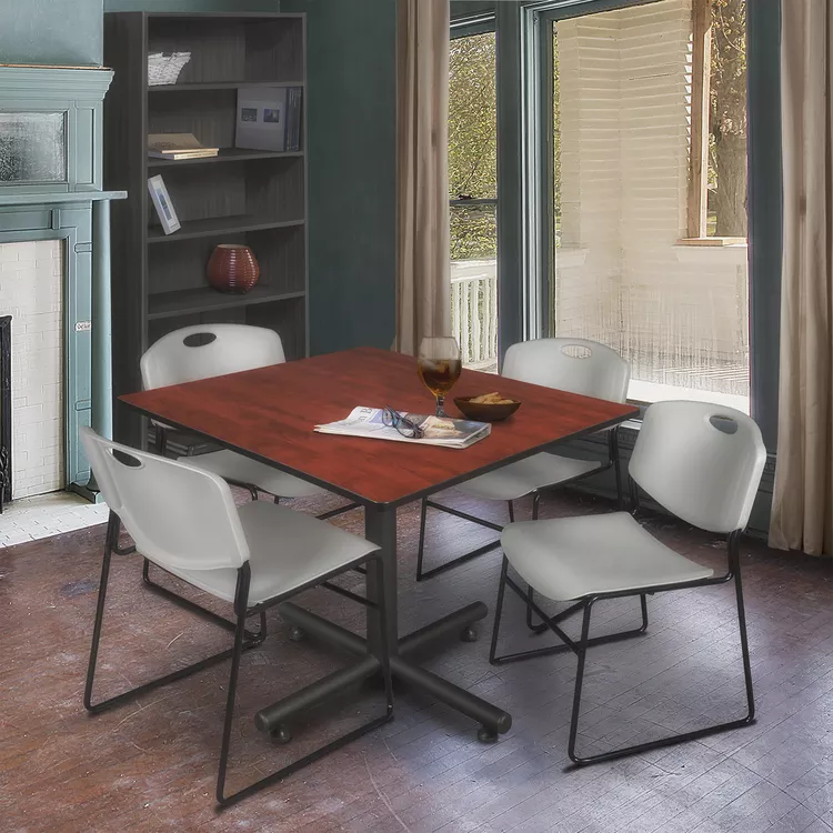 48 Square Conference Table Cherry Finish with Stackable Grey Chairs - Regency Seating