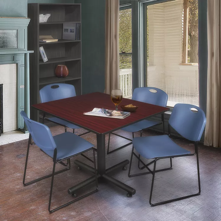 48 Square Mahogany Breakroom Table & Blue Stack Chairs Set - Regency Seating