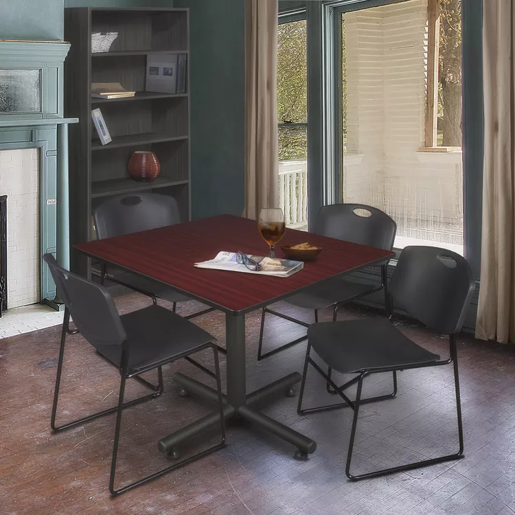 48 Square Mahogany Breakroom Table with Black Stack Chairs - Regency Seating