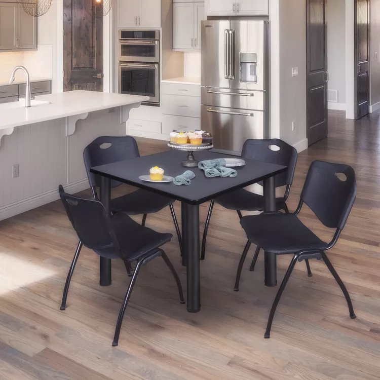48 Square Meeting Table and 4 Stackable Chairs Set - Grey/Black & Black - Regency Seating
