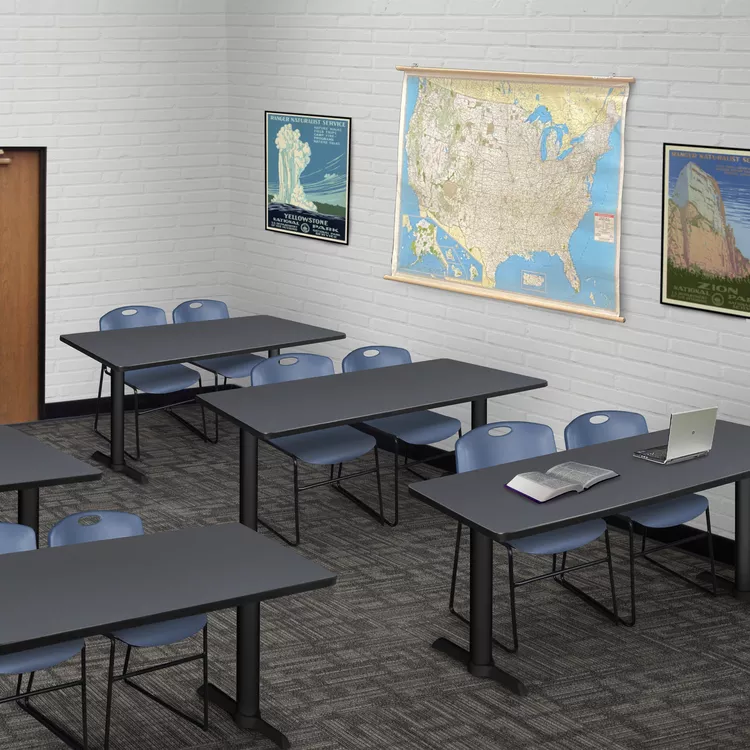 48 Training Table & 2 Blue Stack Chairs - Grey Desk and Chair Set - Regency Seating