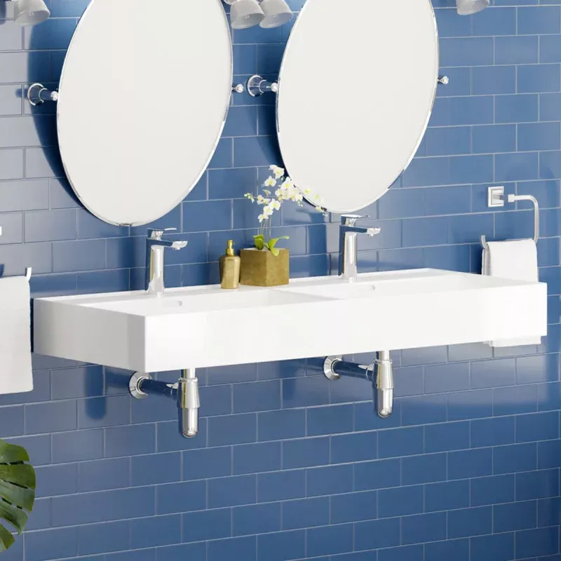 48" Wanchen Fireclay Double-Bowl Wall-Mount Bathroom Sink