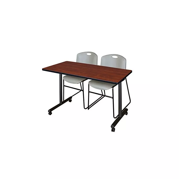 48" x 24" Kobe Mobile Training Table- Cherry & 2 Zeng Stack Chairs- Grey
