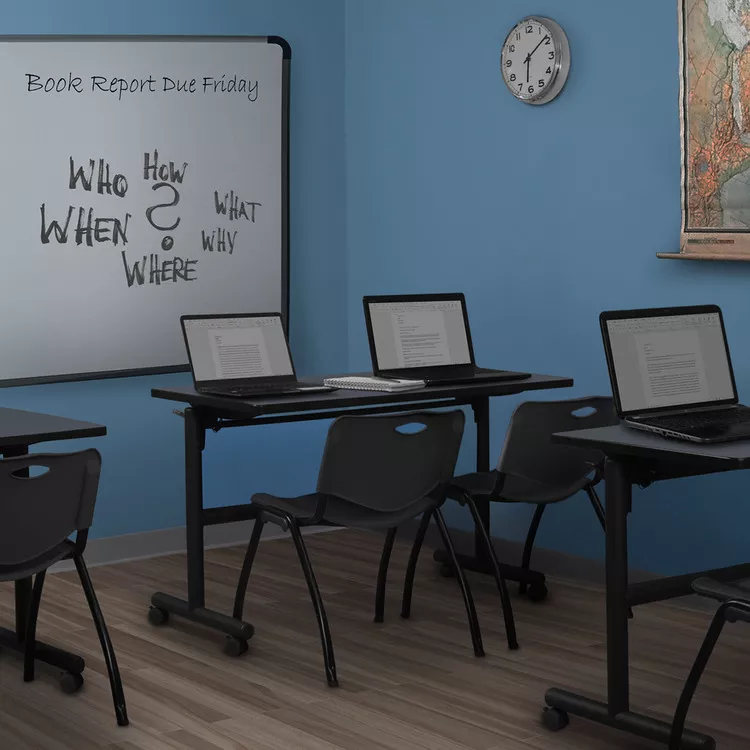 48 x 30 Flip Top Mobile Training Table - Grey with Black Stack Chairs - Regency Seating