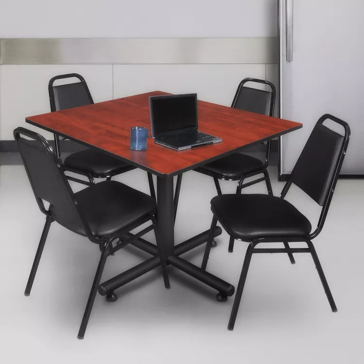 48in Square Breakroom Table & Black Stack Chairs Set - Cherry Finish - Regency Seating