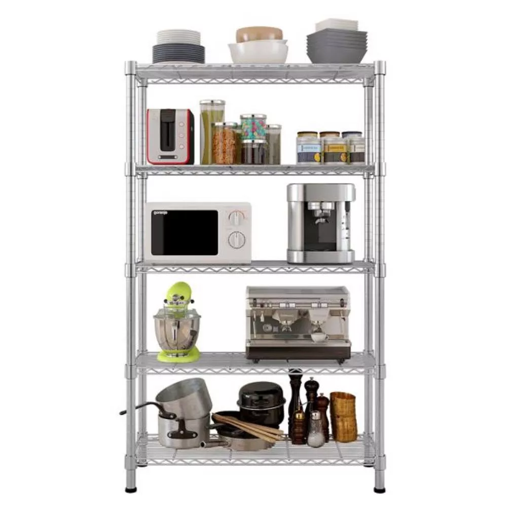 5-Layer Plated Shelf Durable Metal Storage Rack for Kitchen, Garage, or Office Organization