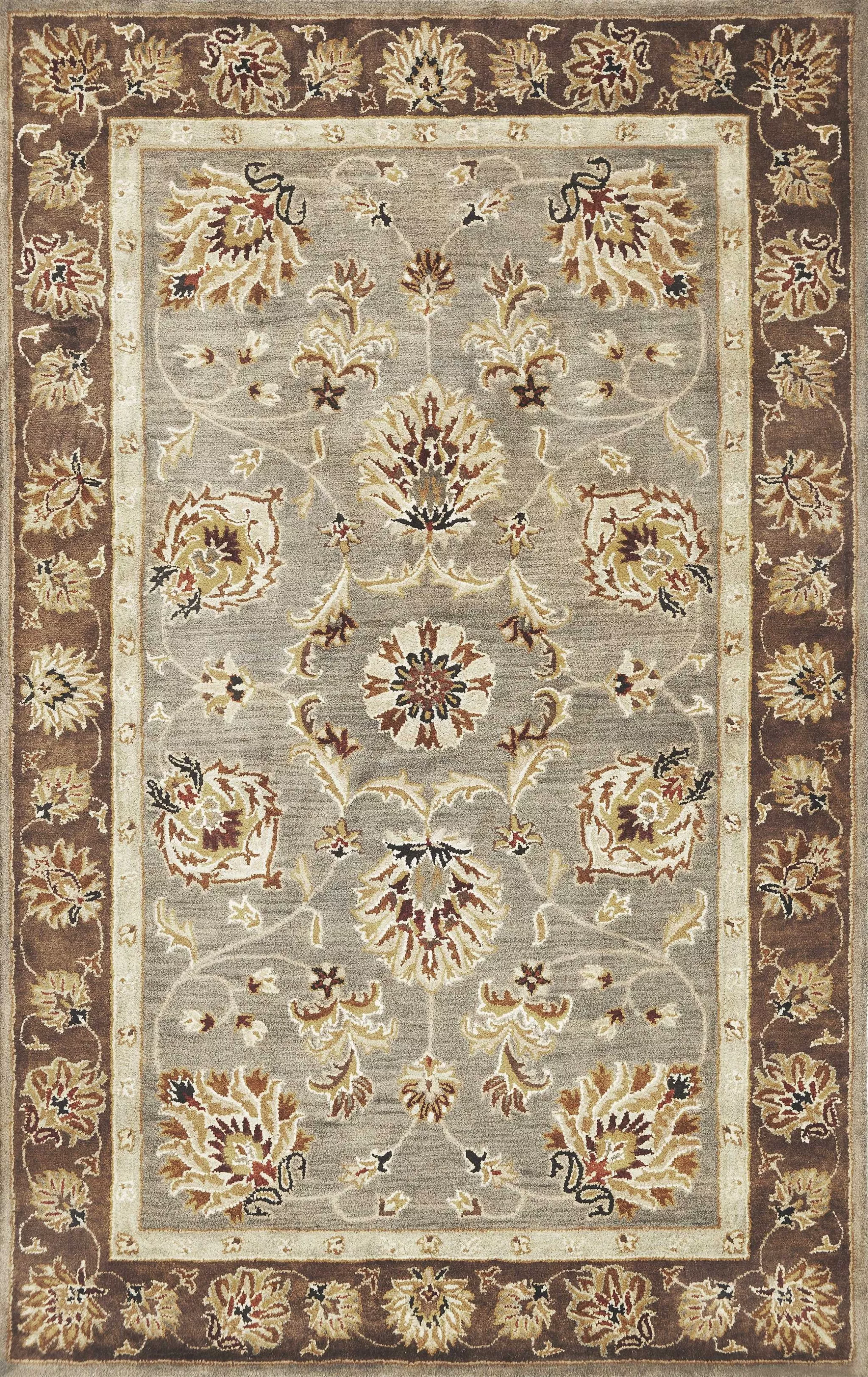 5' X 8' Grey Or MochaFloral Bordered Wool Indoor Area Rug