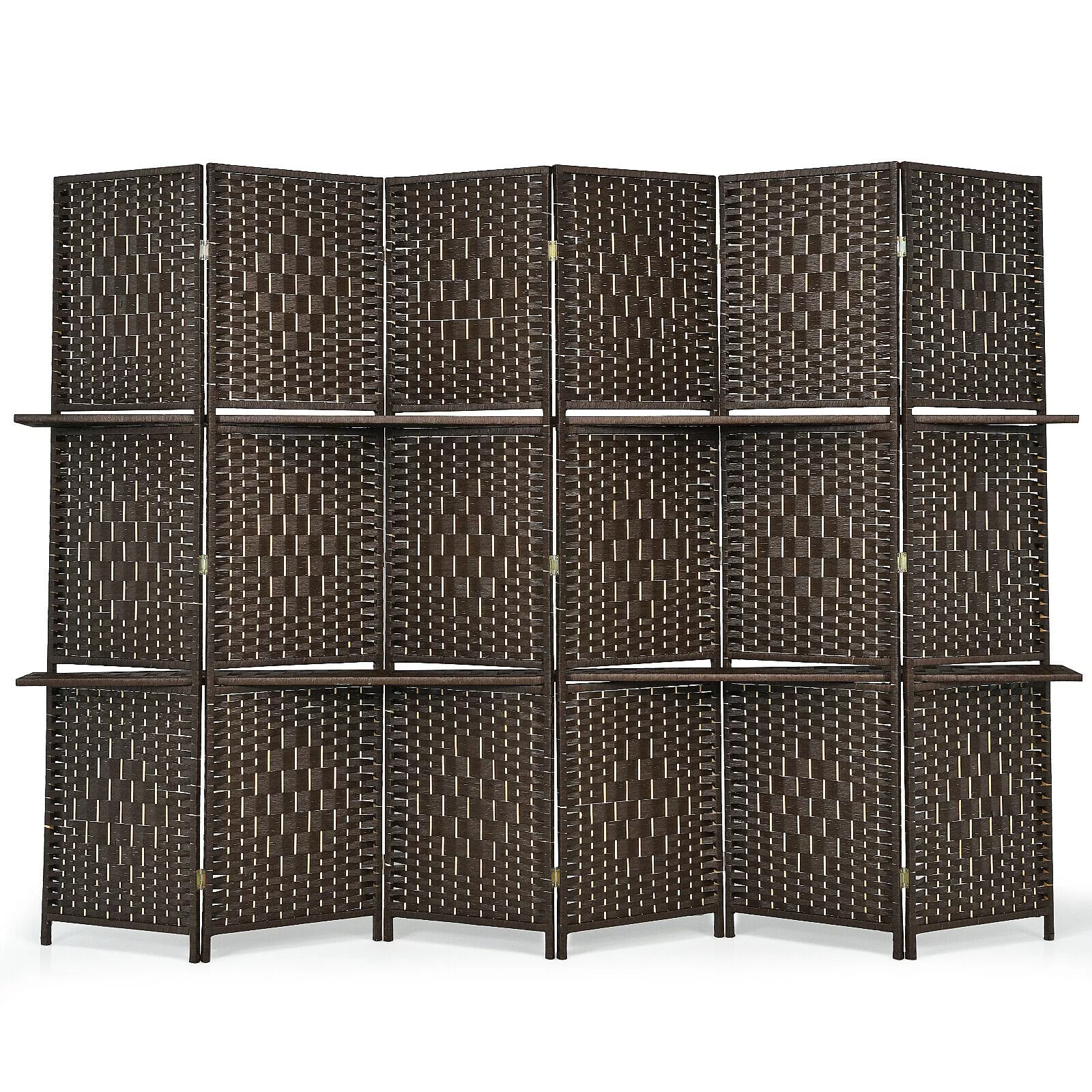6 Panel Folding Weave Fiber Room Divider With 2 Display Shelves