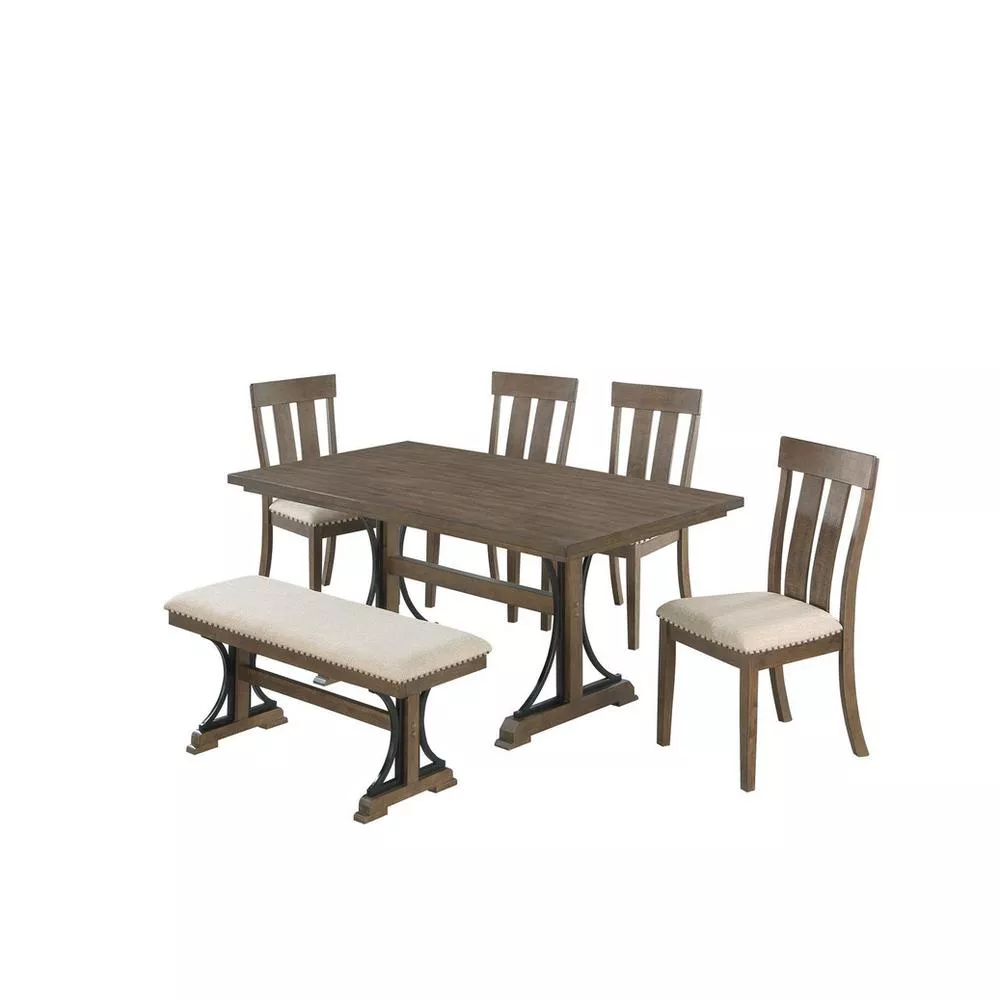 6 piece dining table set in brown oak with 4 side chairs and one dining bench