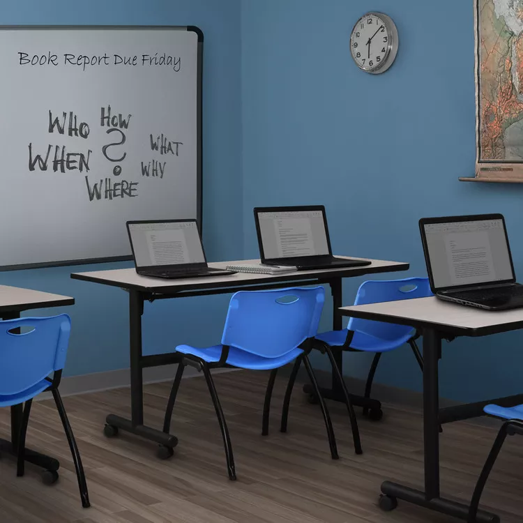 60 Flip Top Mobile Training Table - Maple & 2 Blue Stack Chairs - Regency Seating