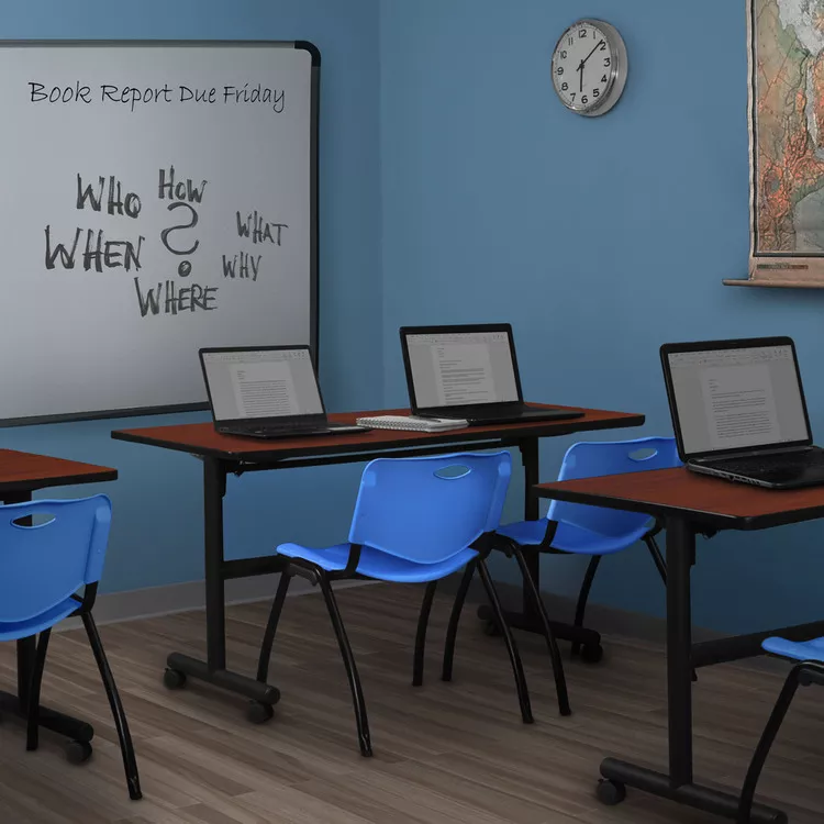 60x30 Flip Top Mobile Training Table & Blue Stack Chairs Set - Regency Seating
