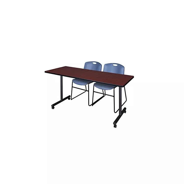 66" x 24" Kobe Mobile Training Table- Mahogany & 2 Zeng Stack Chairs- Blue