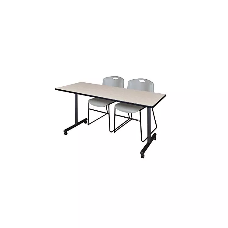 66" x 24" Kobe Mobile Training Table- Maple & 2 Zeng Stack Chairs- Grey