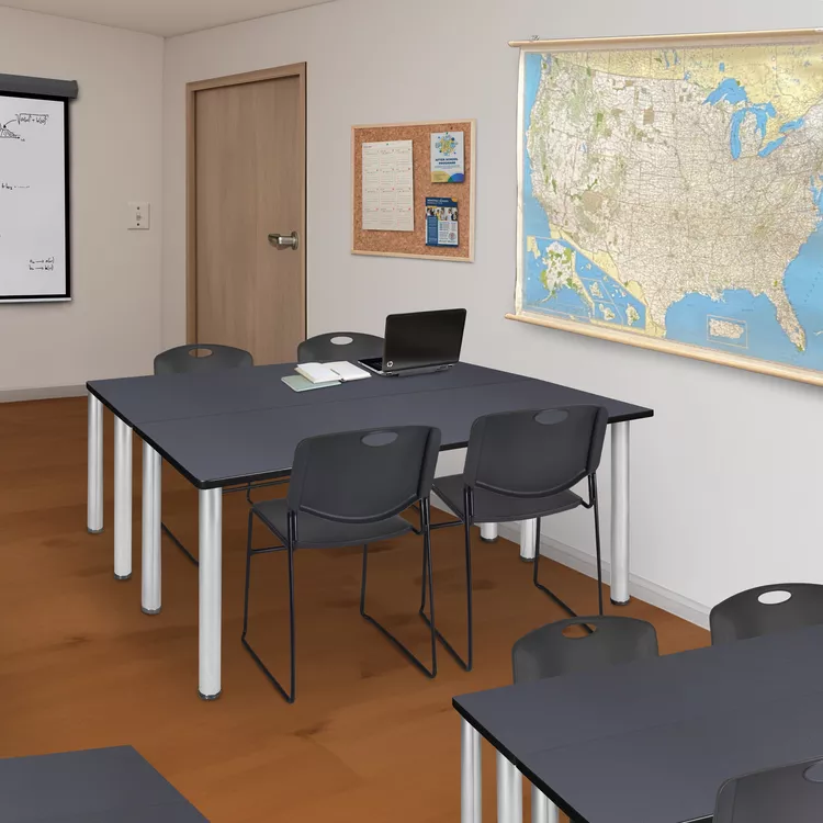 66 x 24 Training Table Grey Chrome & Black Stack Chairs - Regency Seating