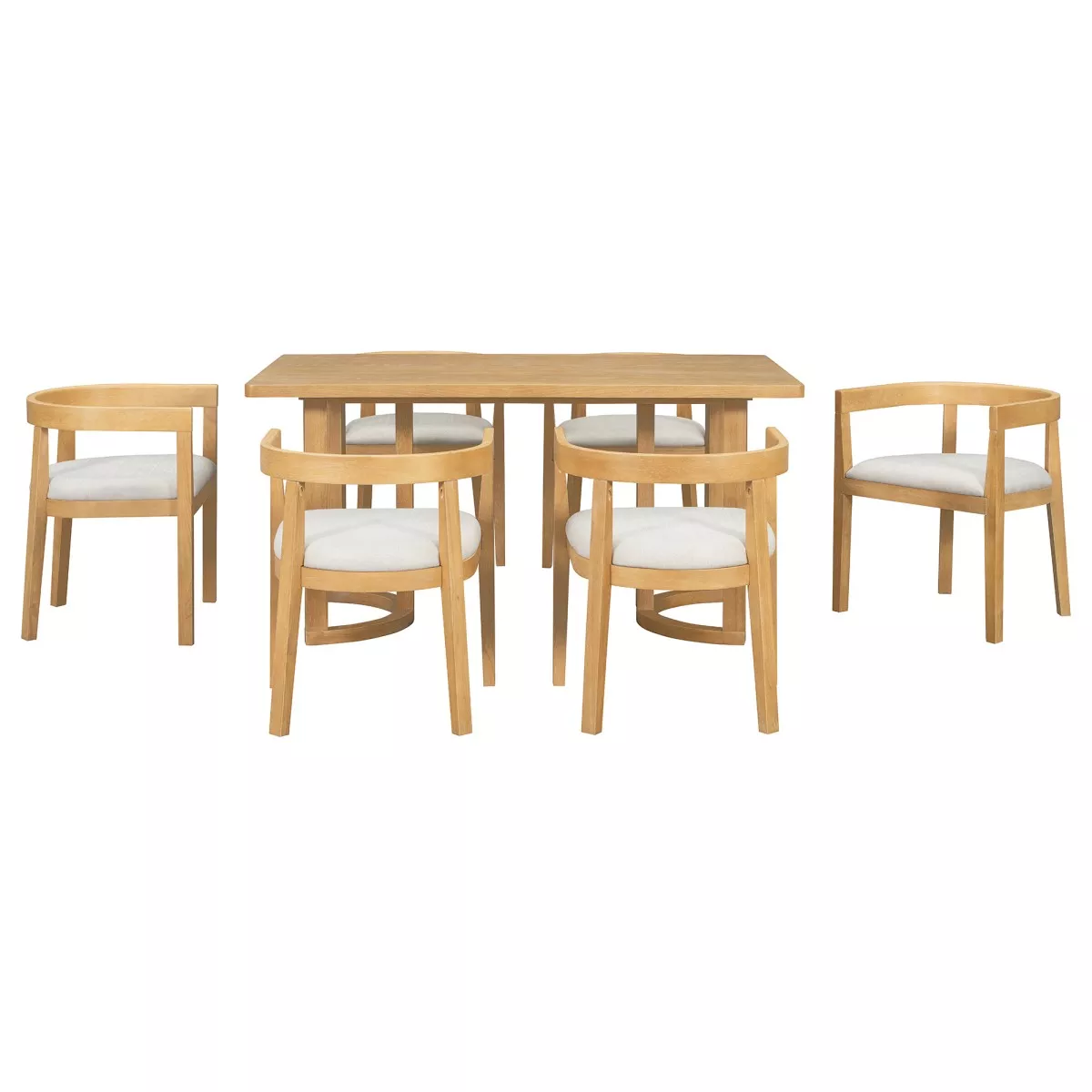 7 Piece Rectangular Dining Table Set with 6 Upholstered Barrel Back Chairs, wood grain kitchen table set, modern dining room table set