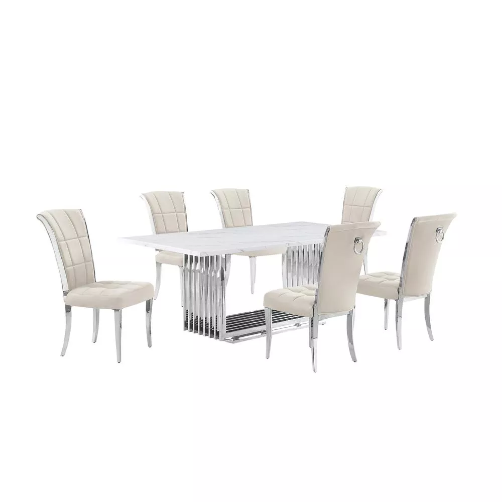 7pc Large(79") marble top dining set with silver base and 6 Cream side chairs